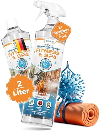 Qindoo Yogamatte Reiniger Desinfektionsspray für Faszienrolle, Yoga Block, Pilates Rolle, Turnmatten, Gymnastikball, Fitnessbänder, Yogamatten Reinigungsspray (2 Liter)