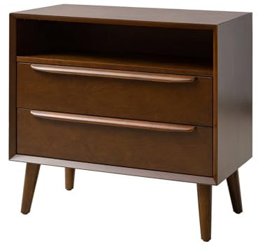 HULALA HOME Table de Chevet, Contemporaine Chevet de Lit, Bedside Table à 2 Tiroirs, Table de Chevet avec Prise de Courant, avec Poignée en Bois Et Pieds Fuselés, Table de Chevet Bois,Noyer