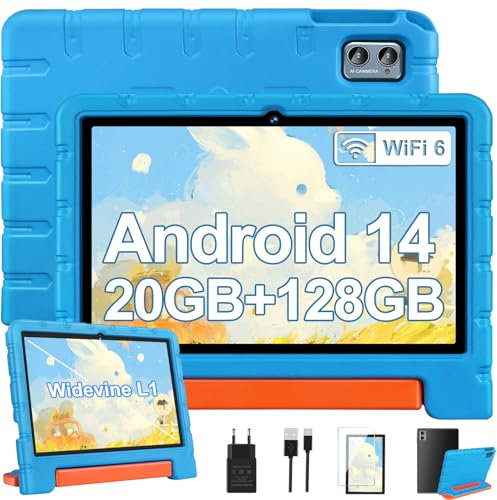 ZIOVO Tablette 10 Pouces Android 14 Tablette Enfants,20Go RAM+128Go ROM(TF 1To),Widevine L1,WiFi 6 Tablette,Octa-cœur,6000mAh | 5+8MP | BT 5.0 | Contrôle Parental Tablettes avec EVA Cas-Bleu