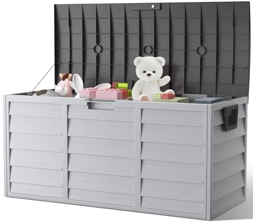 The Fellie Garden Storage Box with Wheels, 290L Lockable Outdoor Storage Box Waterproof, Plastic Garden Storage Box for Garden Tools, Cushions, Toys, 112x49x54cm, Dark Grey