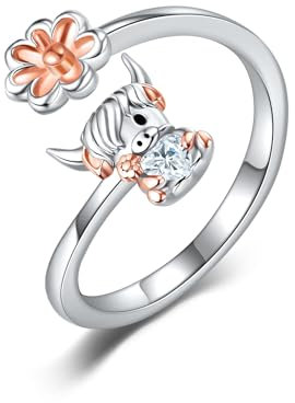 POPLYKE Hochland Kuh Einstellbare Ringe für Frauen 925 Sterling Silber Highland Kuh Schmuck Offener Ring für Damen Tierliebhaber