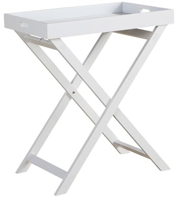 Home Source Butlers Side Table, Portable Wooden Food Drink Serving Tray, White, 60cm