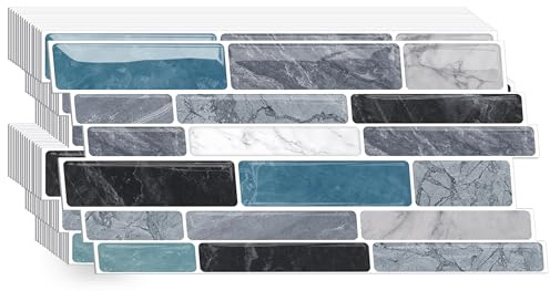 CHDITB 16 Stück 2D Blau Grau Küchen Fliesenaufkleber,Marmor Klebefliesen Wandfliesen Selbstklebend,Blau Klebefolie Fliesenoptik,Badezimmer Fliesen überkleben,Mosaik Fliesen Wandsticker Bad 26.4x12cm