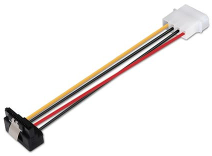 Cable SATA de alimentación acodado 16 cm con anclajes Molex 4 pines y M-SATA, ideal para conectar dispositivos de almacenamiento.