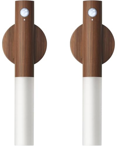 Wooden Motion Sensor Lights Indoor - Magnet Body Hallway Rechargeable LED Wireless Battery Operated Wall Sconce, Portable Decor Torch Night Lighting for Bedroom (Walnut Wood 2PCS)