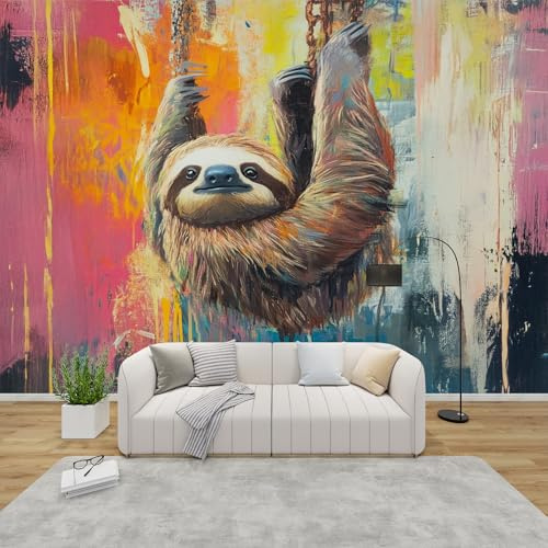 PaxGloz Fototapete Faultier Street Art Tapete Bunte Tiermotiv Tapeten Vliestapete Modern Wandtapete Wohnzimmer Schlafzimmer Kinderzimmer Wanddeko Motivtapeten 300 x 210 cm (B x H)