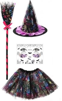 BOARDFEB Halloween Hexenkostüm, Hexen Kostüm Hexen Kostüm Tutu Tüllrock Hexenhut Besen Gesichtsaufkleber für Halloween Karnevals Partys