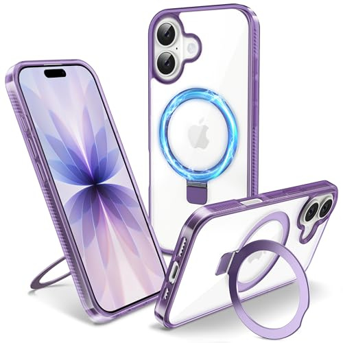 Flyzoo Magnetisch Ständer Hülle für iPhone 17 - [Unsichtbarer Ständer] [Kompatibel mit MagSafe] [Vergilbungsfrei & rutschfest] Stoßfest Durchsichtig Handyhülle, 6.3'', Clear Lila