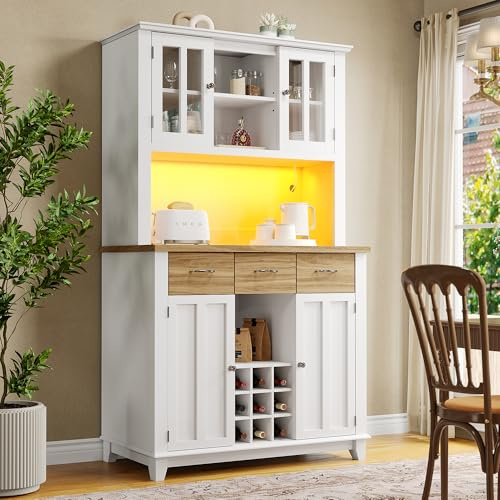 LAKFEW Küchenschrank mit Arbeitsplatte und LED-Beleuchtung, Buffetschrank Küchenschränke mit Verstellbaren Ablagen, Küchenbuffet mit Türen und Schubladen, Küchenmöbel, 106x40x179.5 cm, Weiß+Holzfarbe