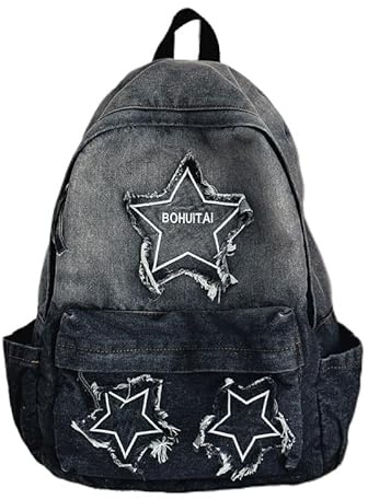 WLLJYSJZL Y2K Star Rucksack, Grunge Goth Denim Büchertasche, Punk Rock Emo-Rucksack für Damen und Herren, Monster 2000er Jahre Gradient Rucksack