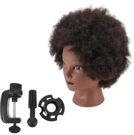 VALICLUD Frisierkopf Übungskopf Afro Mannequin Kopf mit Echtem Haar Schwarz für Friseurschüler Flecht und Stylingtraining Salon Zubehör