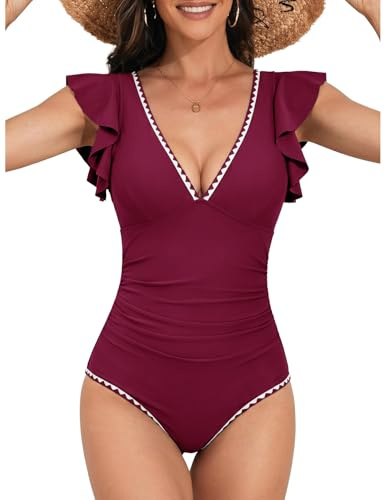 Nadeer Maillot de Bain Femme 1 Pièces Gainant Ventre Plat Col en V Volants Dos Nu Maillots Une Pièce Sexy Push up Bloc de Couleur Monokini Swimsuit Piscine de Plage
