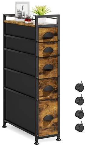 VASZOLA Schmale Kommode 5 Schubladen, Nischenschrank auf Rollen für Bad & Schlafzimmer, Schlanker Rollwagen ideal zwischen Waschmaschine & Trockner, Organizer für kleine Räume, Braun