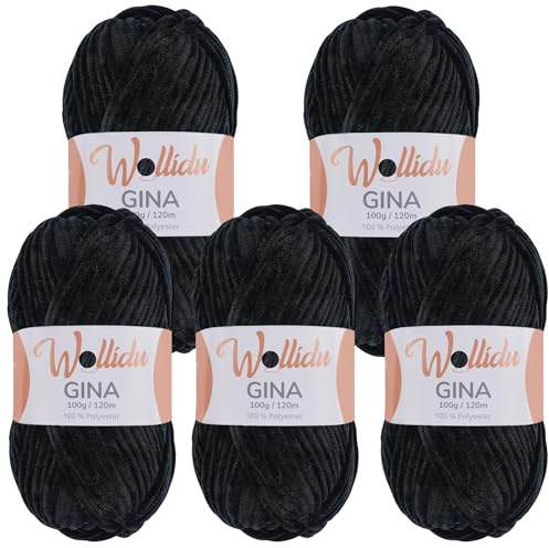 Wollidu Gina Chenille Wolle/Chenillegarn 5 × 100 g Set – 100% Polyester – je 120 m – Garnstärke 5 mm – zum Stricken & Häkeln – samtig-weiches Plüschgarn – Farbe Schwarz 0940