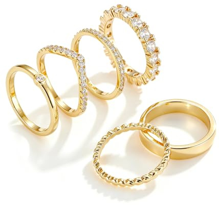 PARIVEA Stapelbare Goldringe Damen – 6er Set 14K vergoldete Ringe mit Zirkonia, dünne Bandringe nickelfrei, Statement Stapelringe als Versprechen Verlobungsring Größe 6-10