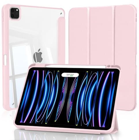 4UBonLife Custodia per iPad Pro 11 pollici 2022/2021/2020/2018 (4a/3a/2a/1a Generazione) con Portapenne, Cover Retro Rigido Chiaro Trasparente, Smart Case Antiurto Anti-Ingiallimento, Rosa