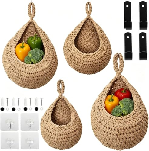 Eulihent Lot de 4 Paniers Suspendus Muraux Tressés,Paniers en Osier Fabriqués à la Main avec Crochets, idéaux pour Ranger les Fruits ET Légumes, Organiser ET Décorer