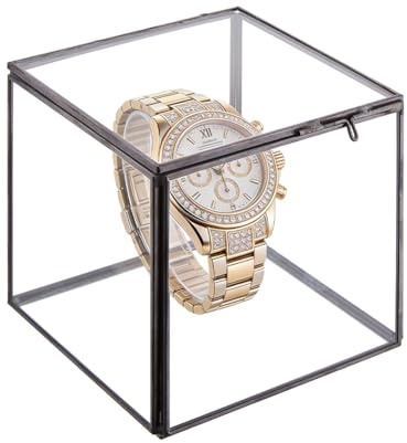 DICOSMETIC Boîte de présentation en verre à bord noir de 10,5 cm - Petits cubes - Boîte à souvenirs - Boîte décorative pour la présentation de montres, bagues, boucles d'oreilles