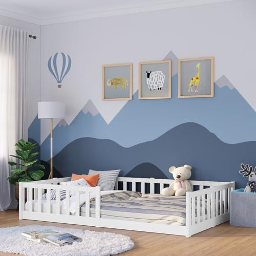 Bellabino Vere Bodenbett 120x200 cm, Massivholz Kiefer, Kleinkindbett, Weiß | Montessori Kinderbett mit Rausfallschutz & Lattenrost, Massivholzbett für Jungen & Mädchen aus Holz Kiefer, Kleinkindbett