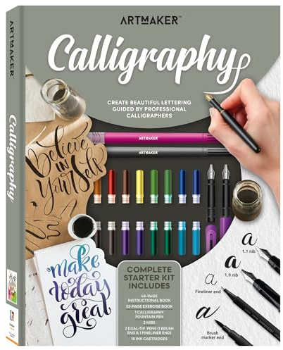 Hinkler Art Maker Studio Calligraphy Kit for Beginners with Pens | Pocket-sized studio with 48-page guide, 2 dual-tip pens, 2 nibs, and lettering practice sheets for hobbyists and beginners