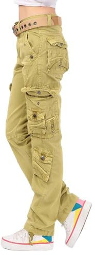Onsoyours Femme Mode Cargo Pantalon Casual Vintage Multi Poche Baggy Straight Slim Pantalon Taille Haute Streetwear Trousers Kaki X-Small