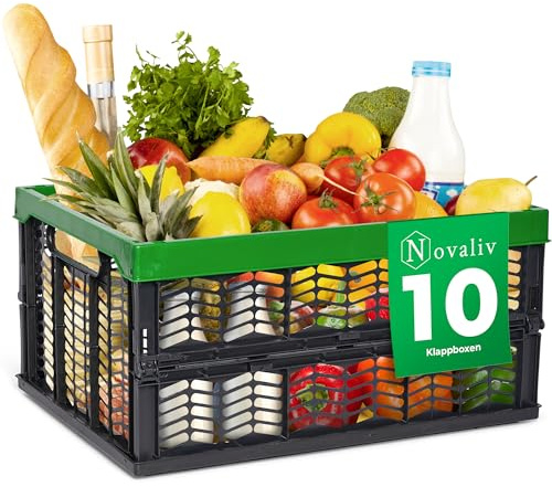 Novaliv Klappboxen faltbar stabil 10x 30L Grün Schwarz baskets Einkaufskiste Klappkisten Set Tragebox Aufbewahrung Einkaufskörbe Körbe Aufbewahrung Küche