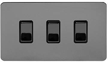 Soho Lighting Black Nickel Flat Plate 10A 3 Gang Light Switch on Double Plate 2 Way Blk Ins Screwless