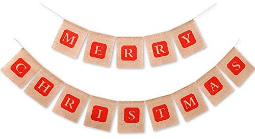 Omenluck 1 Set Wimpelkette mit Aufschrift Merry Christmas aus Jute, Vintage-Design, Wimpelkette