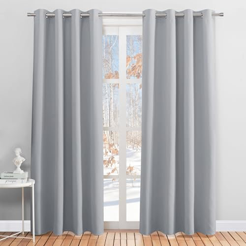 PONY DANCE Vorhang Blickdicht Grau 2er Set H 200 x B 140 cm Wohnzimmer Gardinen Modern Verdunklungsvorhänge mit Ösen Thermogardinen Hitzeschutz, Silbergrau