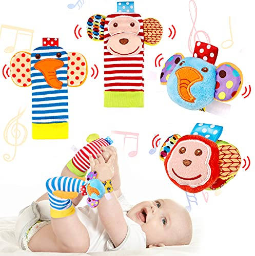 Ballery Baby Rasseln Spielzeug Socken und Handgelenk, 4 Stück Fuß und Handgelenk Rassel Entwicklungsspielzeug Weiche Tier Rasseln für Neugeborene Mädchen und Jungen 0-6 monate
