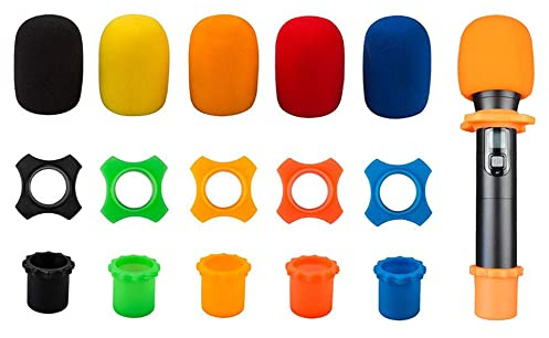 5 Pezzi Parabrezza in Schiuma Compatibile, Spugna Microfono Protezione in Gommapiuma,Microfoni Spugna Covers, con Anello per Microfono Antirotolamento e Custodia Inferiore, per Meeting Studio Karaoke