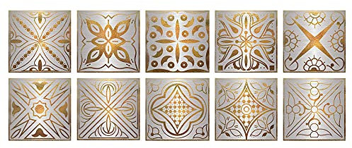 Selbstklebende Fliesenaufkleber Goldenes Muster 15 X 15cm (10 pcs) Bodenaufkleber Wandfliese für Badezimmer Küche und Bad Deko Fliesenfolie für Bad u. Küche Kinderzimmer
