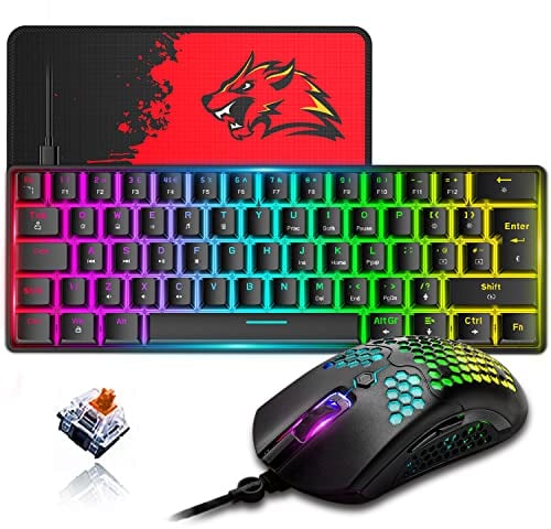 ZIYOU LANG 60% Kompaktes Mechanisches RGB-Gaming-Tastatur- Und Maus-Set – Mini-QWERTY-Layout, Abnehmbares USB-C-Kabel – 12000 DPI Waben-Programming Für PC -Schwarz Mit Braunem Schalter