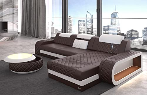 Sofa Berlin L Form Ecksofa Leder mit LED Licht Ledersofa Ottomane Couch mit Kopfstützen (Ottomane rechts, Braun-Weiß)