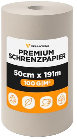 verpacking Schrenzpapier 50 cm x 191 m 100 g/m² [Ausführung und Stückzahl wählbar] Packpapier Füllmaterial Polstermaterial Knüllpapier für Versand Umzug Warensendung 100% Recyclingpapier 1 Rolle