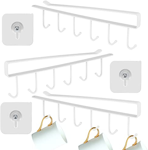Fulushouxi 3 Pcs Cup Holder Under Cabinet, Kitchen Coffee Tea Cup Mug Holders with 6 Hook, Under Shelf Cabinet Cupboard Glasses Storage Drying Rack Holder with Adhesive Screws - White