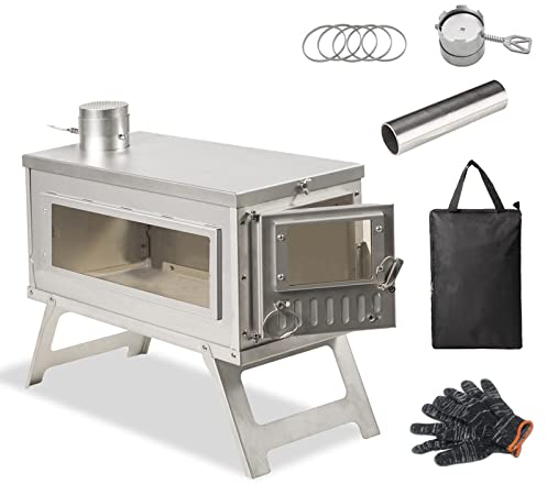 Ipalmay Ultralight Camping Stove Portable Wood Burning Stove for Tent, Camping, Outdoor Cooking, Hunting, Ice Fishing, 16.6 IN Outdoor Wood Stove with Foldable Chimney