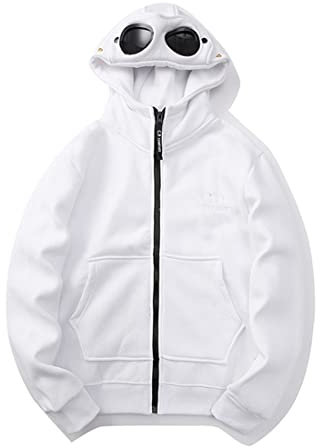 F6QUM Felpa con cappuccio unisex con cappuccio e cerniera con cappuccio e decorazione per occhiali da sole, bianco, XXL