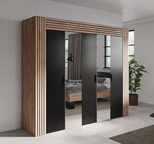 möbelando Kleiderschrank VENERA in F:Schwarz/Dekor Lamellen Artisan Eiche/K:Artisan Eiche mit 3 Türen und 9 Fächern. Abmessungen (BxHxT) 246,4x210x56,3 cm