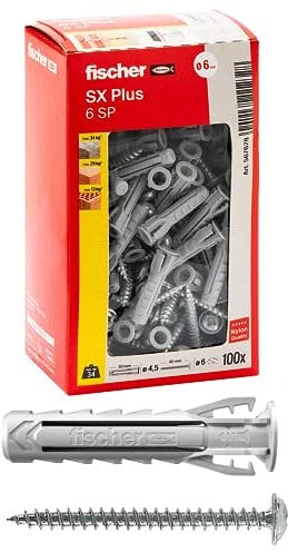 Fischer 100 Tasselli SX Plus SP con Vite Testa Cilindrica 6x30 mm per Muro Pieno, Mattone Forato, Muratura, Calcestruzzo, per il Fissaggio di Lampadari, Mobili, Pensili, Mensole, 567628