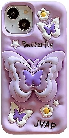 QoKcoahn Case for iPhone 13 Pro Max,Cute 3D Kawaii Phone Cases Funny Cartoon Bracke Purple Butterfly Cover with Keychain Soft Silicone Gel Drop Protection Case