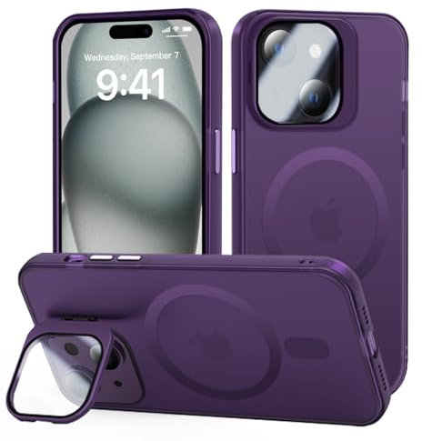 tigratigro Cover con Cavalletto,Compatibile con iPhone 15,Protezione Fotocamera H9 vetro temperato,Custodia Posteriore Glassata Traslucida, Anti-Impronte,Sensazione di Velluto (Viola Scuro)