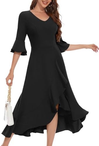 HomRain Black Maxi Wedding Guest Dress for Evening Party Cocktail with Long Bell Sleeve Elegant Flowy Split Prom Dresses Black M