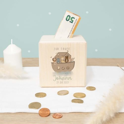 Spardose Taufe - Personalisierte Holzspardose - Geschenk zur Taufe, Taufgeschenk für Mädchen & Jungen - Sparschwein - hellomini (Arche Noah)