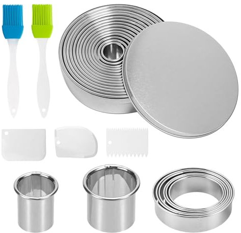 SJUNJIE 12 Stück Ausstecher Rund mit Aufbewahrungsbox Edelstahl Plätzchen Ausstecher Rund Kommt mit 3 Schabern und 2 Bürsten für Donuts Kekse Gebäck Runde Ausstechformen Küche Zubehör