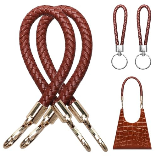 Hcunbsu 2 Stück Taschenhenkel mit Karabiner Pu Leder 40 cm, Handtasche Riemen Taschengriffe für Häkeltaschen, DIY Taschengurt Leder Gurt für Tasche mit 2 Stück Schlüsselanhänger (Braun)