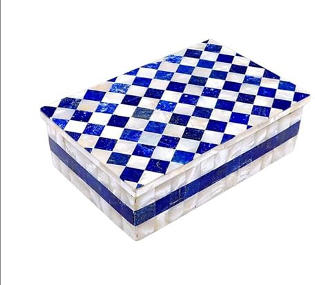 Schmuckschatulle mit Perlmutt und Lapislazuli-Stein, rechteckige Form, weißer Marmor, Armband-Box, 25,4 x 20,3 cm