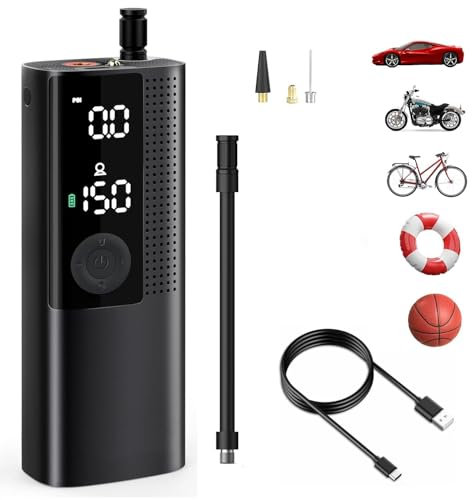 COSHANO Compresor de Aire Inalámbrico Portátil 150PSI Inflador electrico para Ruedas de Coche y Moto Mini Bomba para Bicicleta con Pantalla LCD Digital