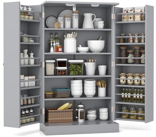 TANGZON Kitchen Cupboard, Kitchen Pantry Cabinet with Doors & Adjustable Shelves, Space Saving Larder Storage Cupboard Organiser for Dining Room Living Room Entryway (Grey, 59 x 30 x 104cm)