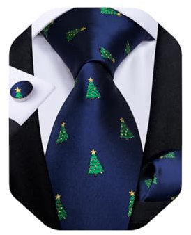 DiBanGu Mens Weihnachten Krawatte Set Lustige festliche Krawatte Gewebte Pocket Square Manschettenknöpfe Set mit Geschenkbox, Blau und Grün Weihnachtsbaum